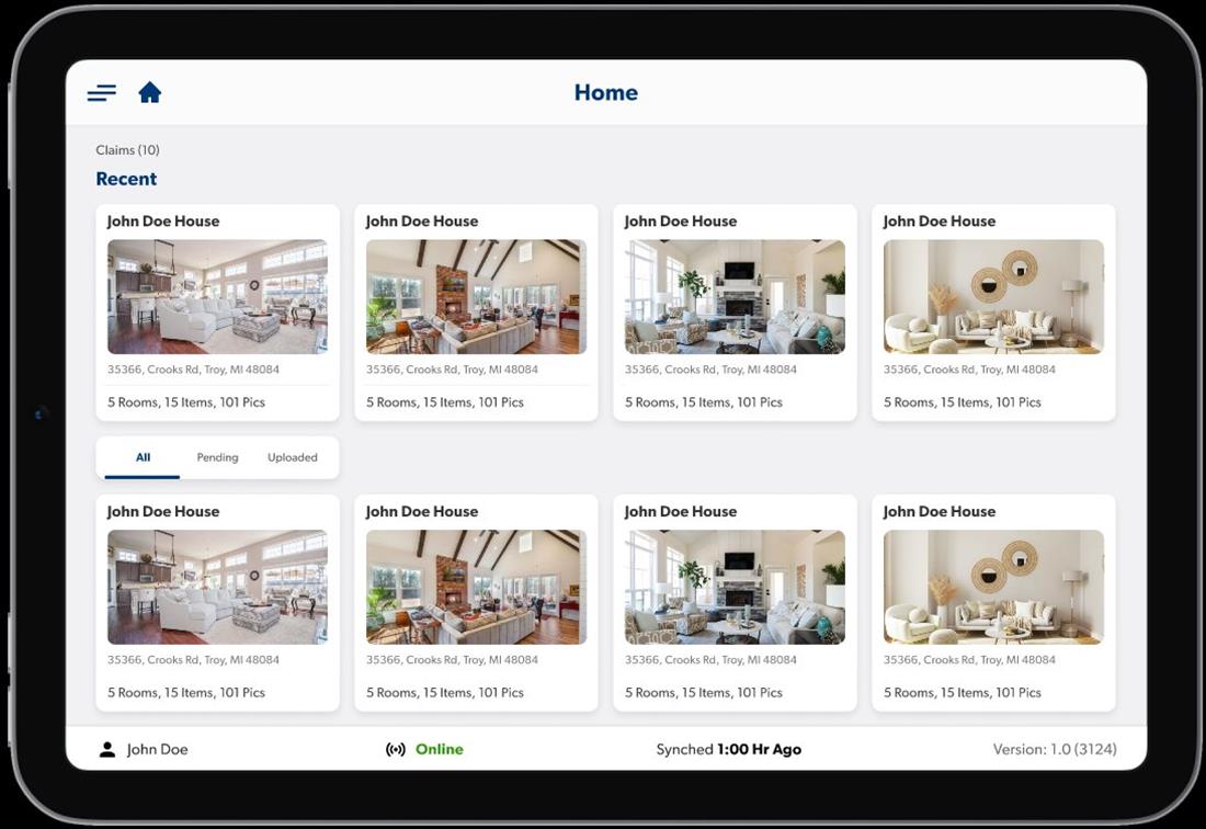 CRDN FSA iPad app home screen with recent property claims