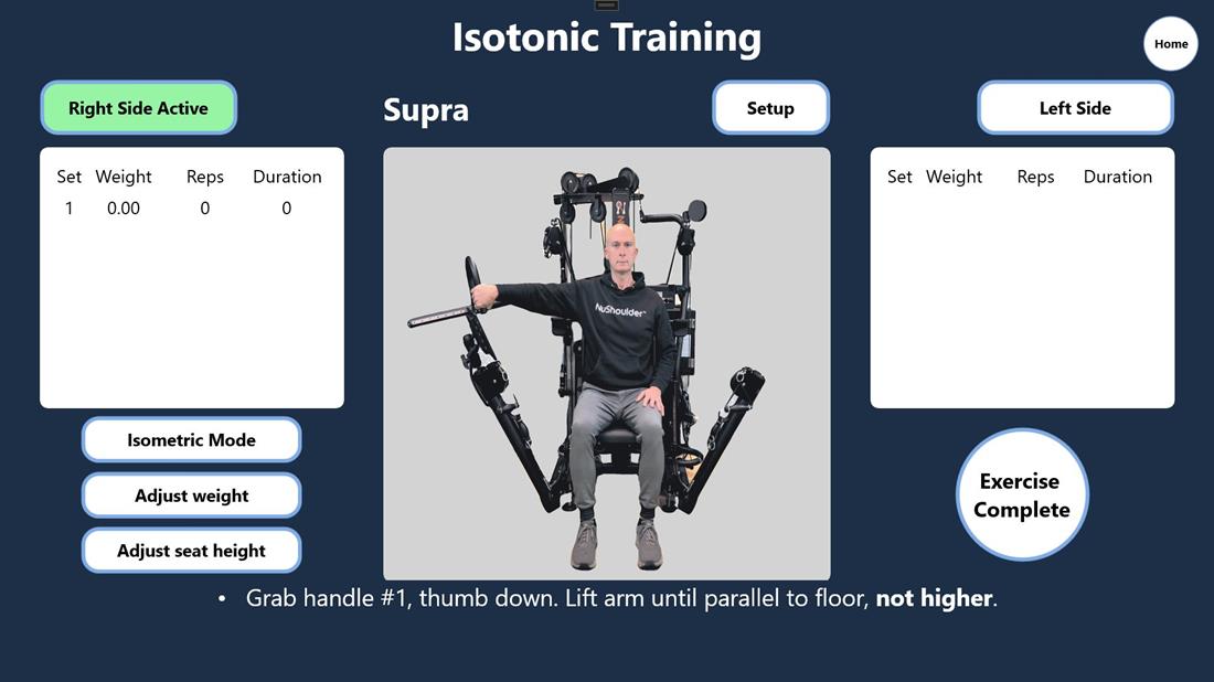 NuShoulder kiosk app isotonic training screen with the Supra exercise video and set, weight, reps and duration logs for each arm