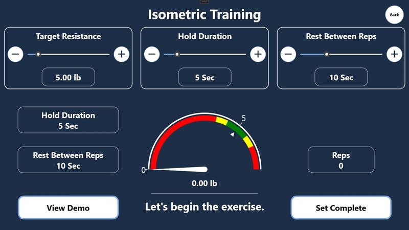 NuShoulder kiosk app isometric training screen with target resistance, hold duration and rest sliders and a live force gauge